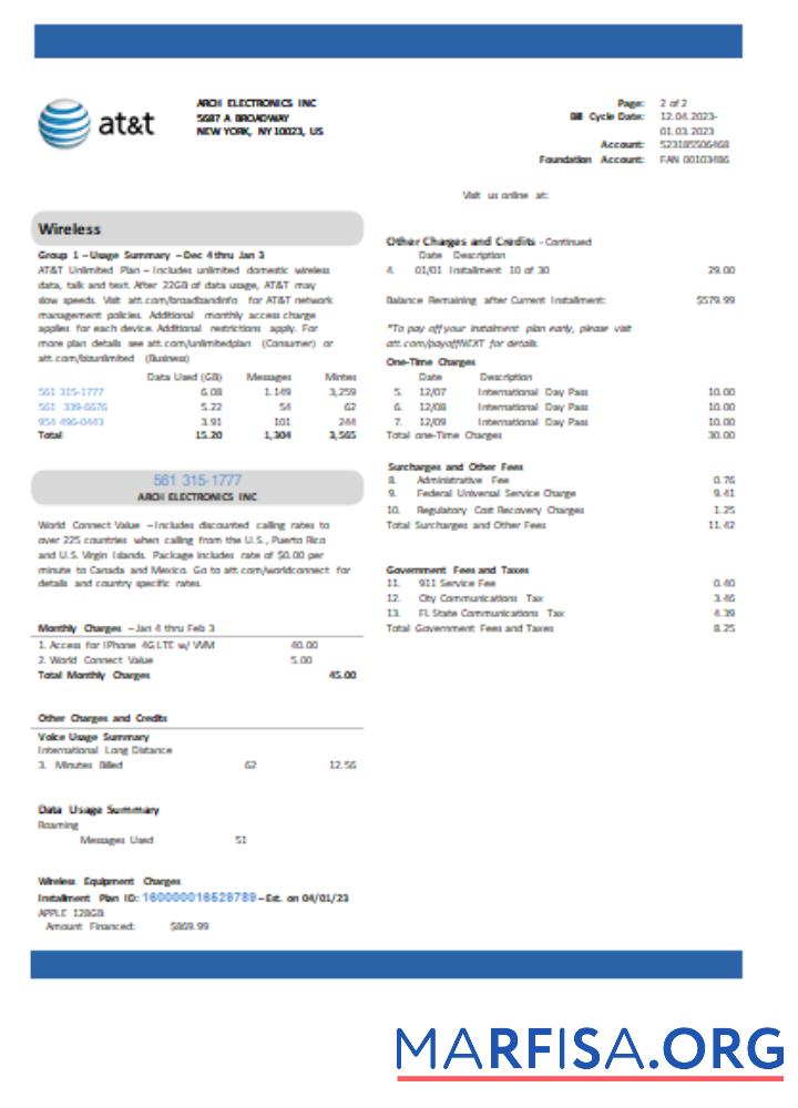 Blank Texas AT&T telecommunications utility business bill, page 2, SCR sample